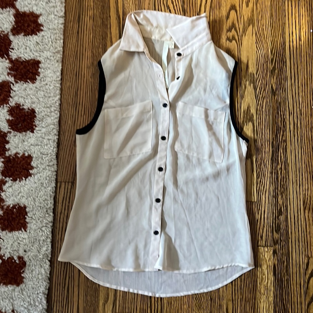 Reformed / Urban Outfitters collared sleeveless button down. Tan, long, sheer.